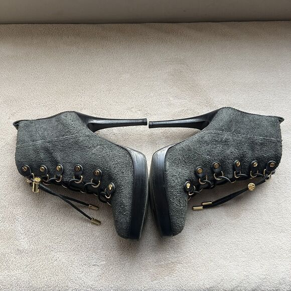 Tory Burch Hamila Dark Gray Distressed Suede Lace Up High Heel Booties Women 6.5 - Picture 5 of 16